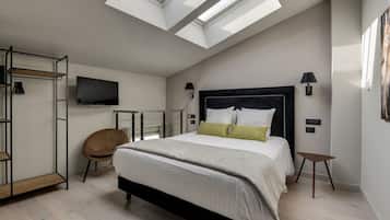 Un dormitorio con cama, televisión, silla y tragaluz.