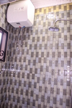 Shower, rainfall showerhead, hair dryer, slippers