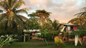 A rustic outdoor setting with a wooden structure, a palm tree, and a surfboard. - Miguel Surf  Camp (Quepos)
