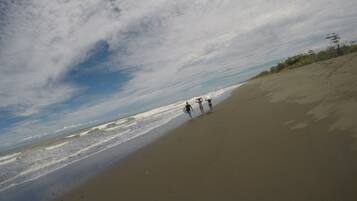 A beach with a sandy shore and a few people walking along it.