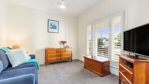 Flat-screen TV, fireplace, DVD player, books