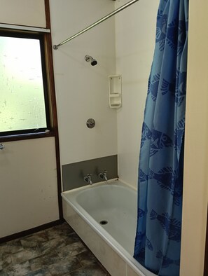 Tina con regadera, secadora de cabello, toallas, papel de baño 