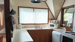 Cocina compacta con lavamanos, microondas y estufa.