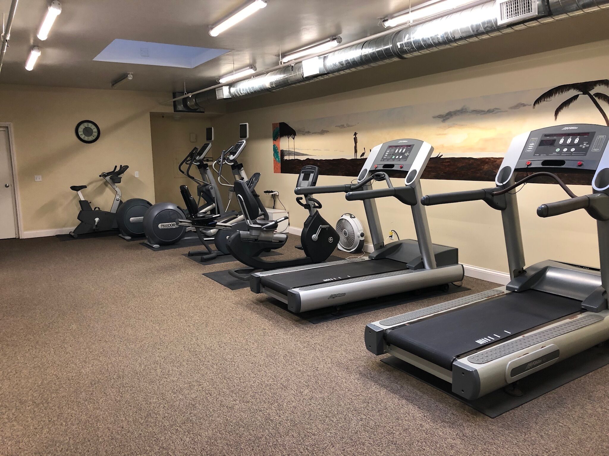 Une salle de sport équipée de tapis de course, de vélos d’appartement et d’appareils de musculation.