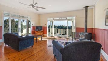 Flat-screen TV, fireplace, DVD player, books