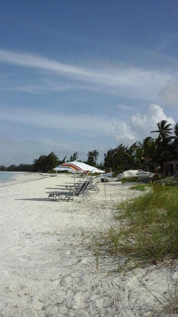 Une plage avec un parasol blanc, un bateau et des palmiers.