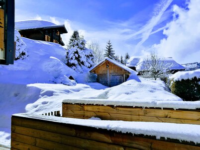 Chalet*** south facing, village view and 400 sq. m garden