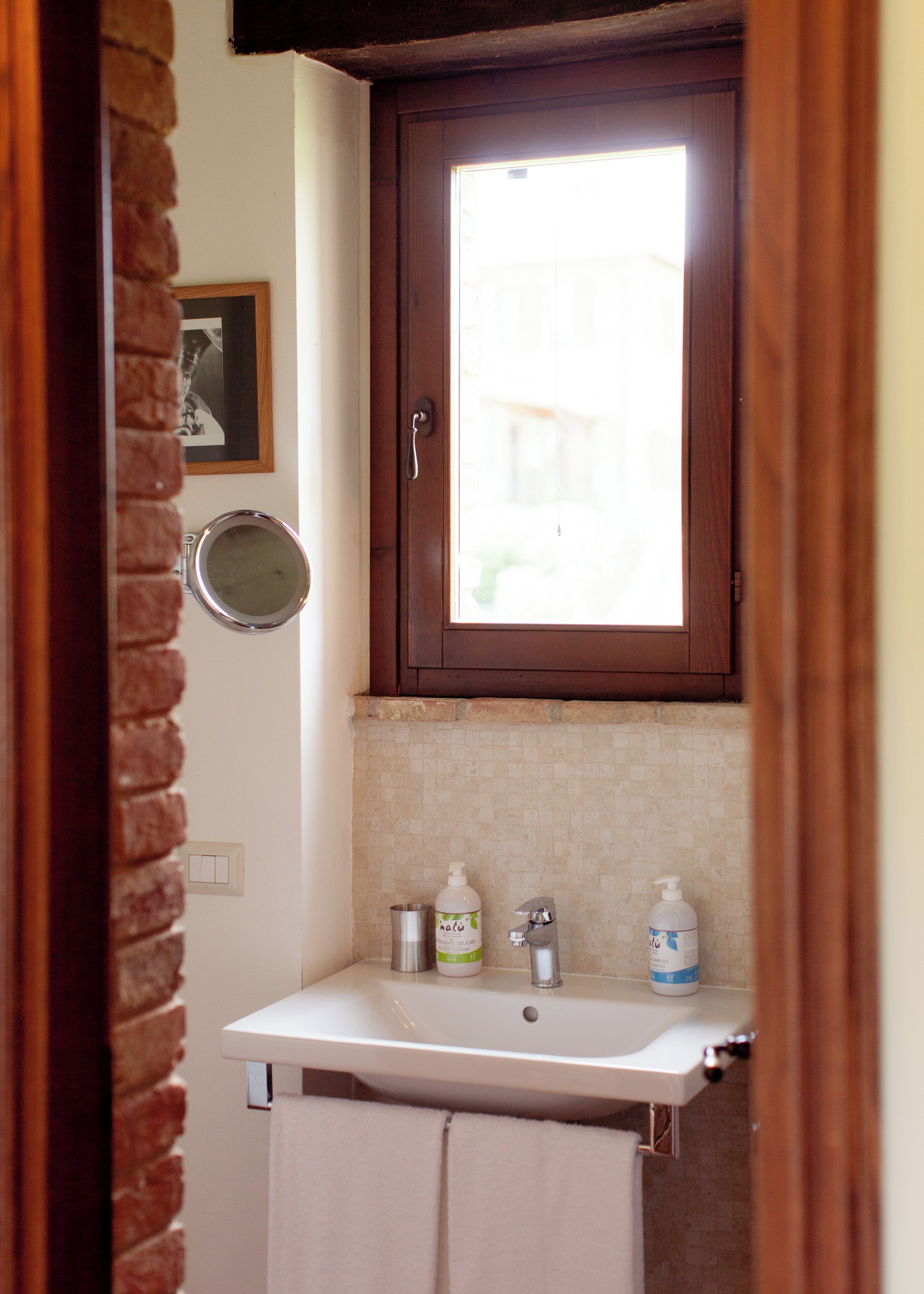 A small bathroom with a wooden cabinet above a white sink, a mirror, and two bottles of shampoo.