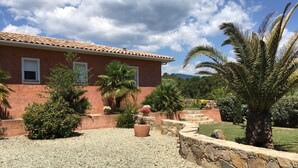 Una casa con facciata rossa, tetto in tegole e vialetto sterrato. Nel giardino, piante in vaso e una palma.