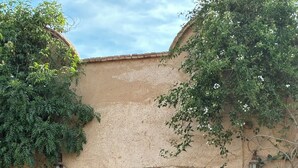 Un bâtiment rustique doté d’une porte d’entrée, de plantes en pot et d’un sol recouvert de gravier.