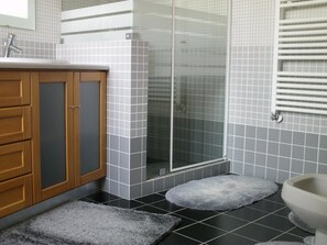 Combined shower/tub, hair dryer, towels, soap