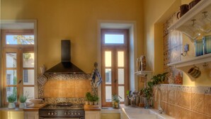 Una cucina con piano cottura, forno e lavello, con piante in vaso e diversi ortaggi sul ripiano.