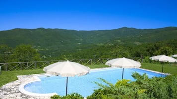 A swimming pool with a stone border, surrounded by greenery and umbrellas, with a mountainous backdrop.