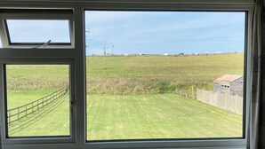 Una ventana con vistas a un campo cubierto de hierba y una valla de madera.