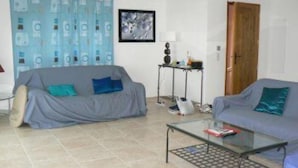 A living room with a grey sofa, a glass coffee table, and a blue curtain. - House / Villa - MONTICELLO (Monticello)