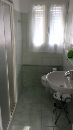 Shower, hair dryer, towels, shampoo