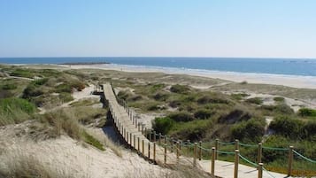 A coastal walkway leading to a beach with dunes and a wooden boardwalk.