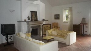A living room with a fireplace, two sofas, a television, and a lamp.