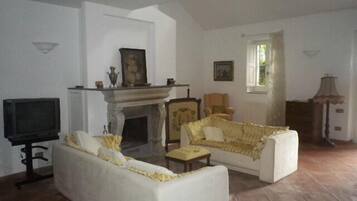 TV connectée, cheminée, table de tennis de table, livres