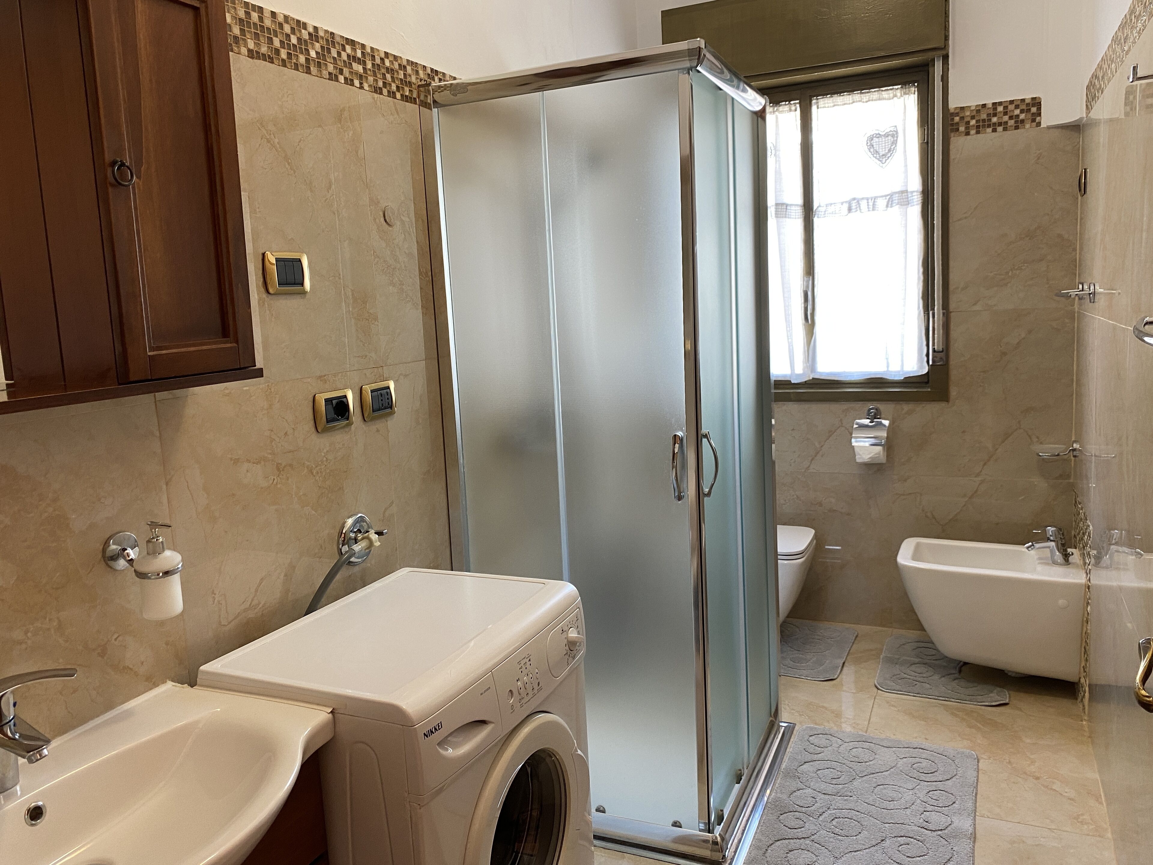 Shower, hair dryer, bidet, towels