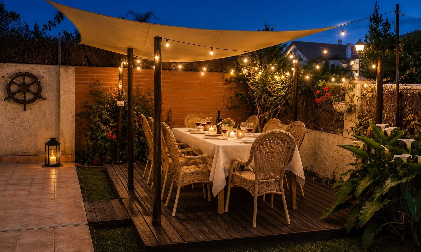 An outdoor patio with a table set for dining, surrounded by wicker chairs, under a canopy. - Chipiona Corner semi-detached house on the beachfront (Chipiona)
