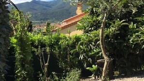 A garden with a gravel path, a tree, and a building with a red roof in the background. - Spacious 8-Bed Villa; Pool, Mountain Views, Easy Access to Céret, Coast & Spain (Céret)