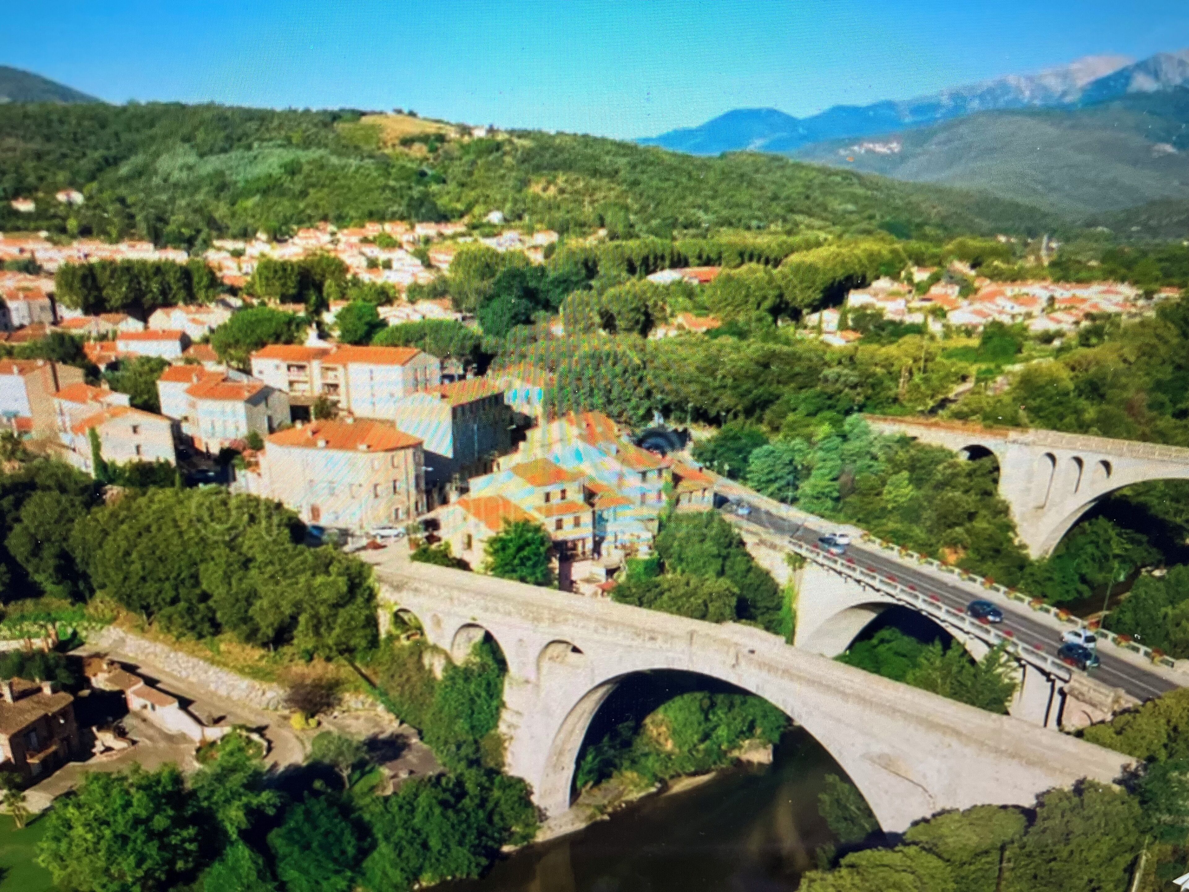 Eine Stadt mit einer markanten Steinbrücke über einem Fluss, umgeben von Grünflächen und Wohnhäusern.