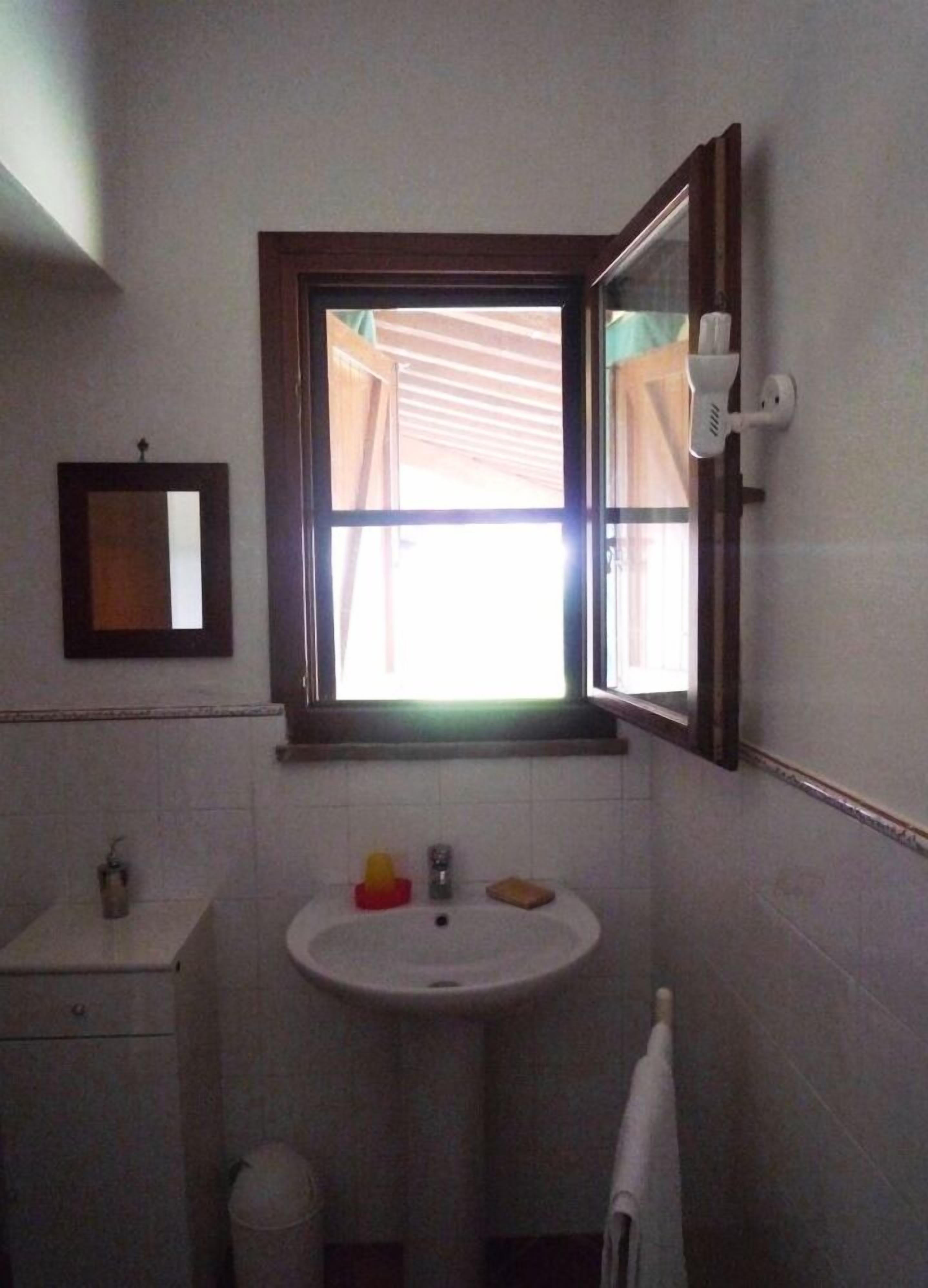 A bathroom with a white sink, a mirror, and a window with curtains.
