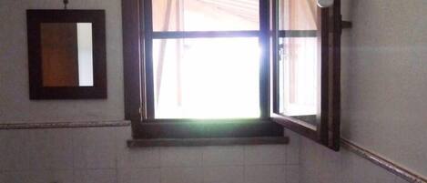 A bathroom with a white sink, a mirror, and a window with curtains.