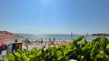On the beach, free beach shuttle, free beach cabanas, beach umbrellas