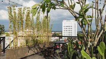 Une terrasse sur le toit, avec une table en bois et des bancs, entourée de différentes plantes et de cactus.