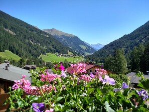A mountain village with houses and a valley view.