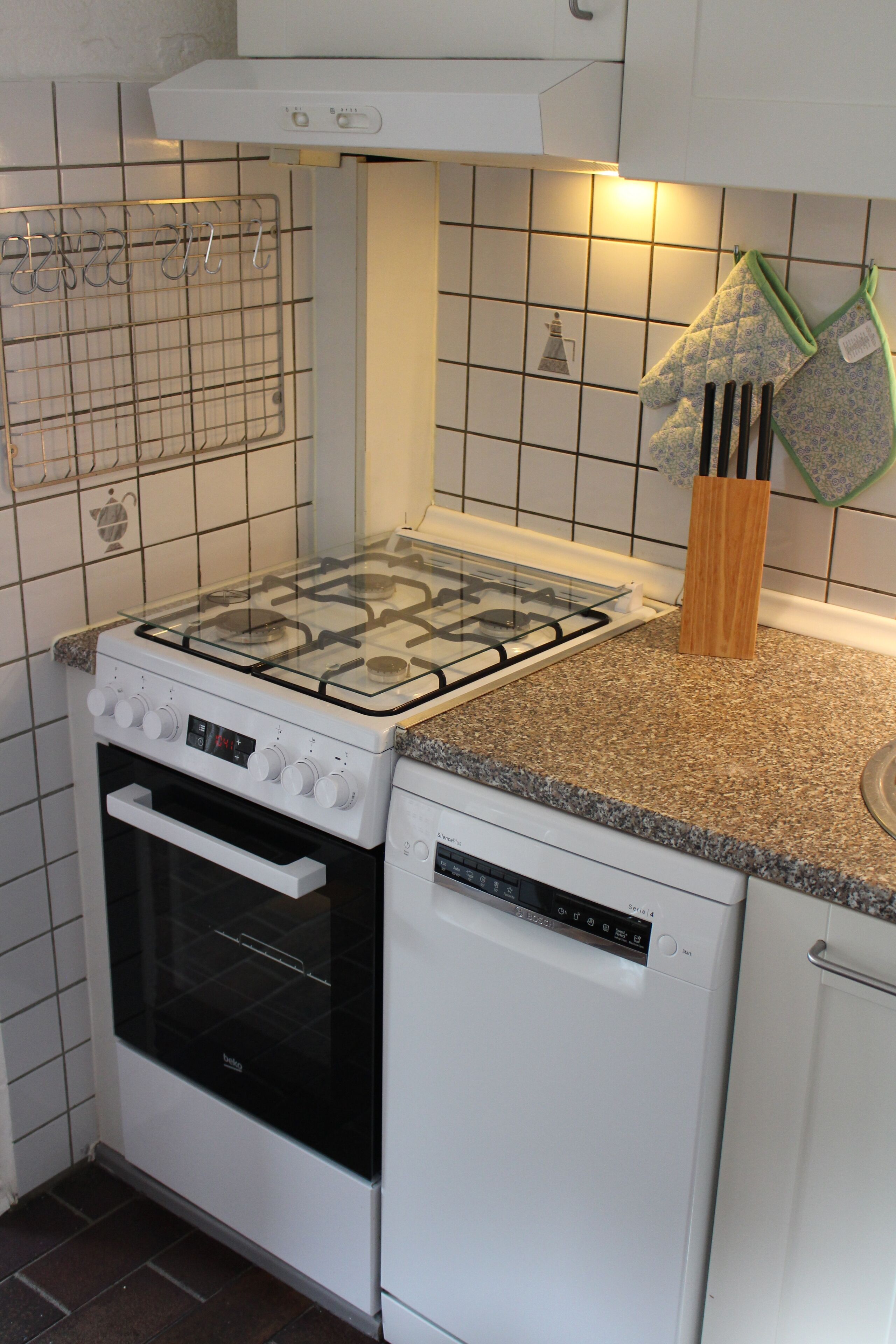 A kitchen with a gas stove, oven, and dishwasher.