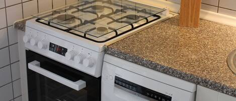 A kitchen with a gas stove, oven, and dishwasher.