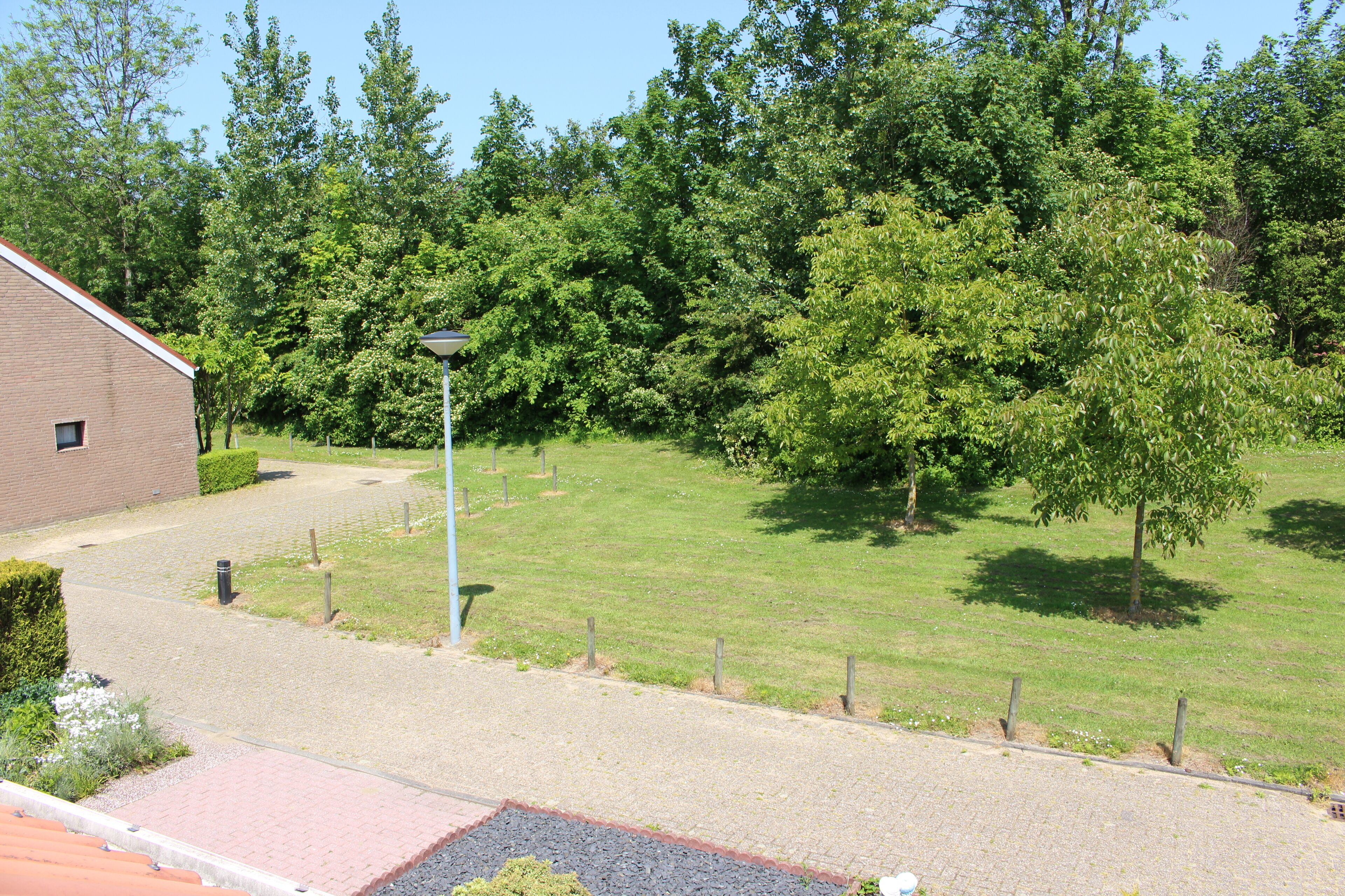 A paved driveway leading to a building with a brick facade, surrounded by a grassy area with trees and a lamp post.