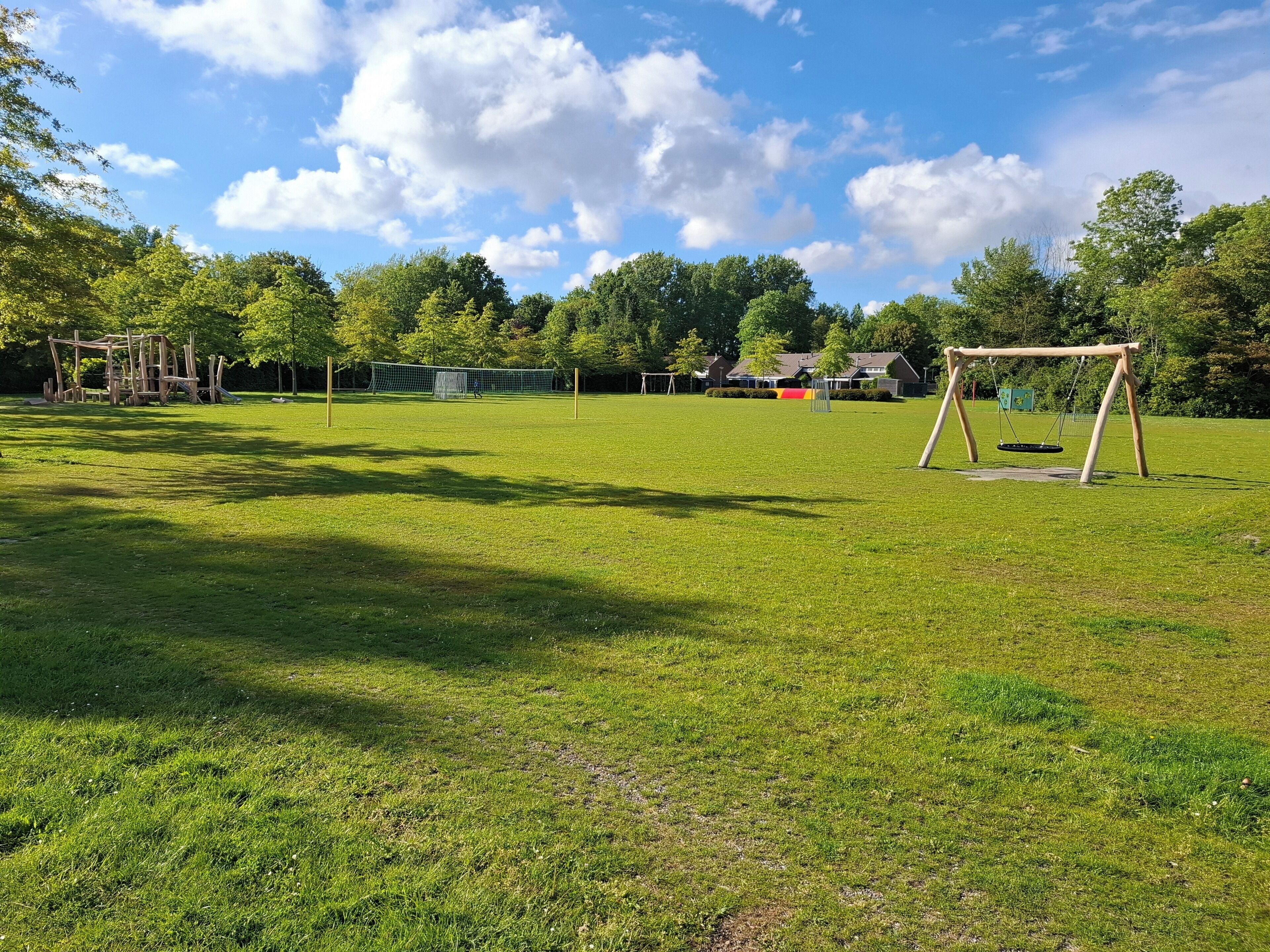 Eine Wiese mit Schaukel und Fußballtor.