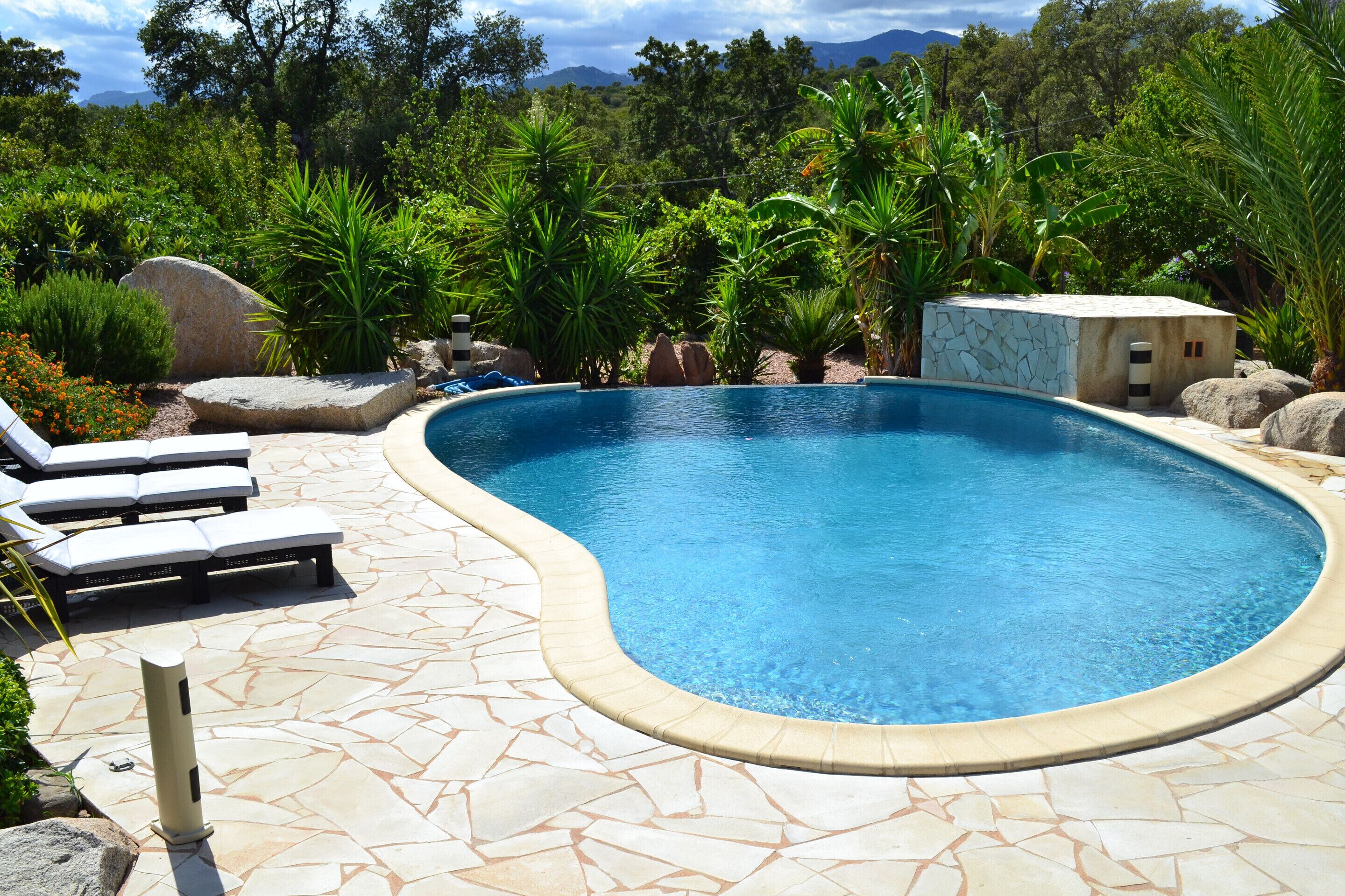 A swimming pool with a curved edge, surrounded by a stone patio. There are lounge chairs and a small building in the background.