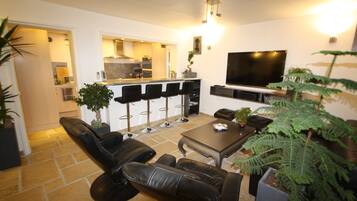 TV, DVD player, books, video library
