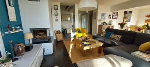 TV, fireplace, DVD player, books