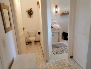 Bathtub, hair dryer, bidet, towels