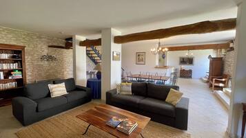 Télévision, cheminée, lecteur de DVD, table de tennis de table