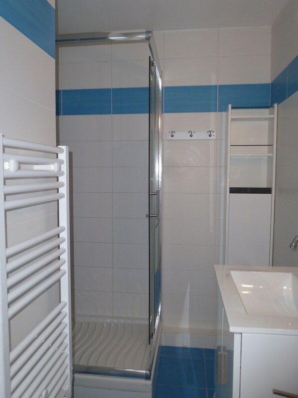 Une salle de bain avec une douche à parois de verre, un lavabo blanc et un porte-serviettes.