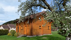Une cabane en bois avec un petit porche et une fenêtre, entourée d’une végétation luxuriante et d’un arbre aux fleurs blanches.