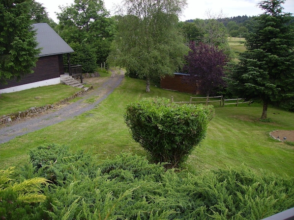 A rural landscape with a gravel path, a wooden fence, and a variety of trees and shrubs. - chalet between the mountains and the lakes (montboudif)