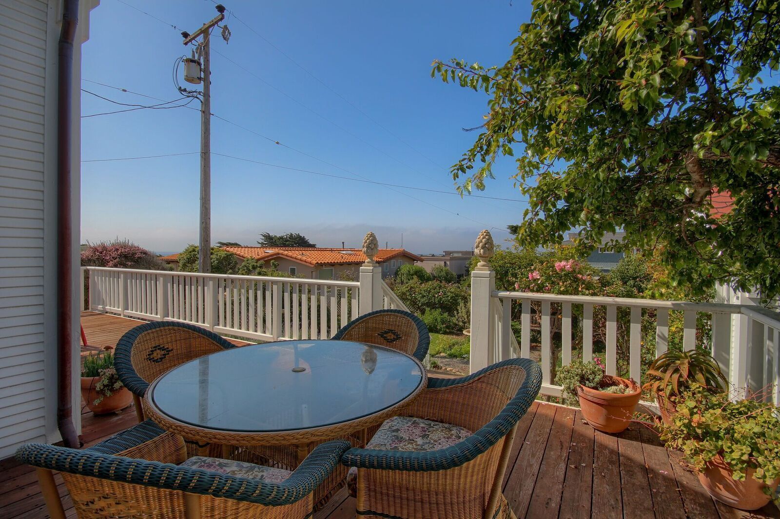 A wooden deck with wicker furniture and potted plants.