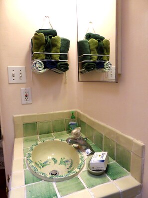 Hair dryer, towels, soap, toilet paper