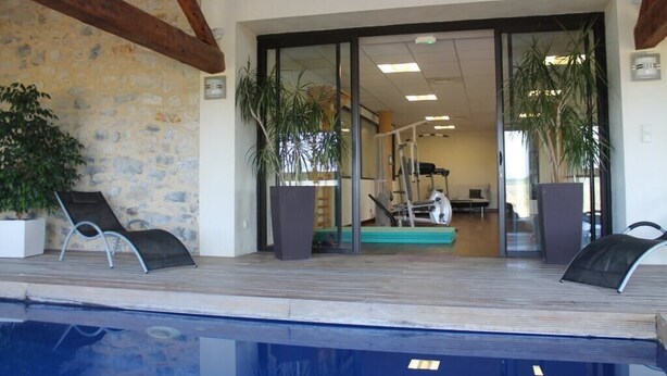 Zona junto a la piscina con un muro de piedra, dos plantas en macetas y una vista parcial de un gimnasio al fondo.