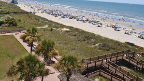 A beach with a wooden boardwalk, palm trees, and beach umbrellas.
