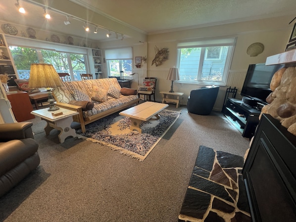 Smart TV, fireplace, DVD player