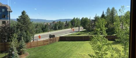 A residential area with a road, a wooden fence, and houses.